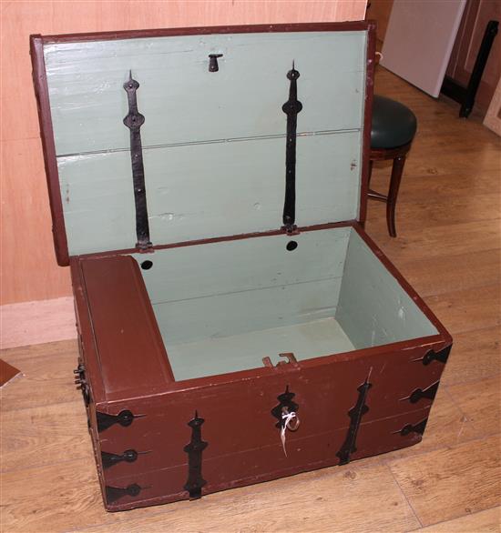 A North European painted iron bound trunk, W.83cm